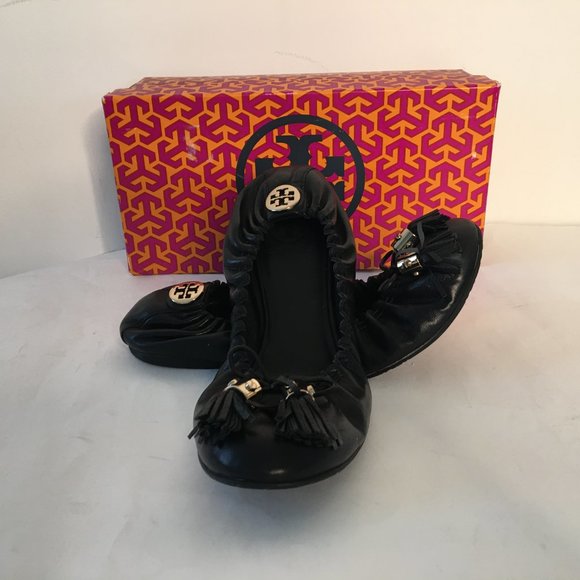 Tory Burch Reese Mestico Black Leather Tassel Ballerina Flats 8 - Picture 2 of 12